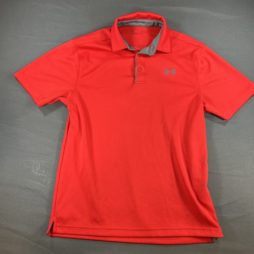 Under Armour Tech Mens HeatGear Polo Shirt Red Loose Fit Med Sport Golf